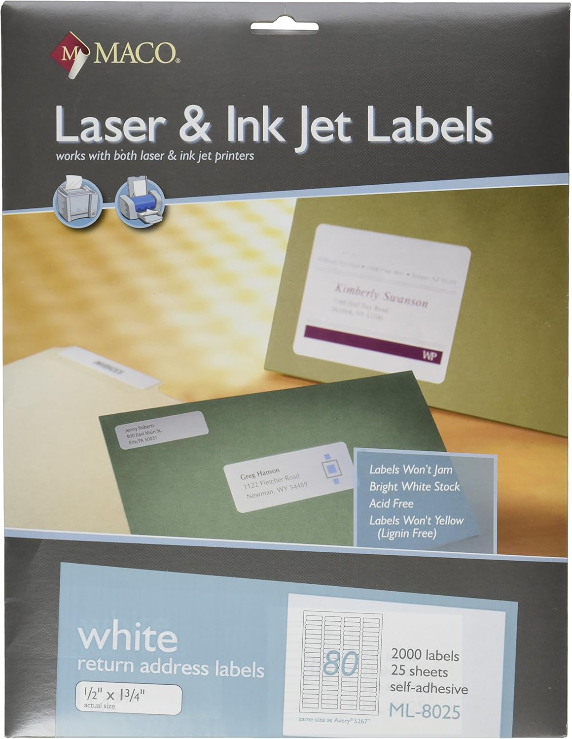 MACO Laser/Ink Jet White Return Address Labels, 1/2 x 13/4 Inches, 80 Per Sheet, 2000 Per Pack