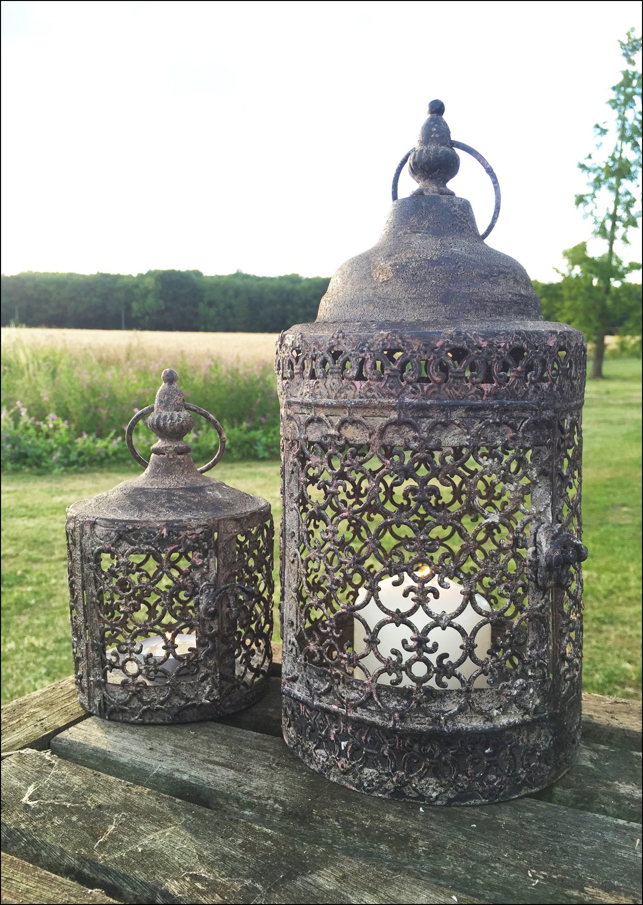Vintage Moorish Lantern Candle Holder, Set of Two Moroccan Garden Indoor or Outdoor Use, Rustic