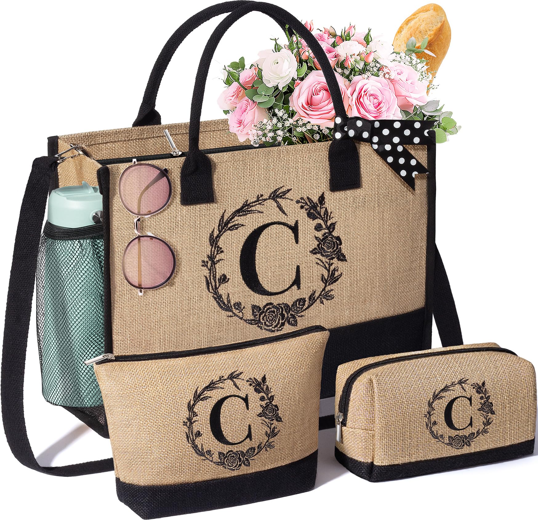 Photo 1 of Personalized Gifts for Women Tote Bag, Initial Jute Tote Bag & Makeup Bags Monogrammed Beach Bag w/ Zipper, Birthday Gifts Mothers Day Gifts for Mom Women Her Friend Sister Wife Grandma Teacher Nurse