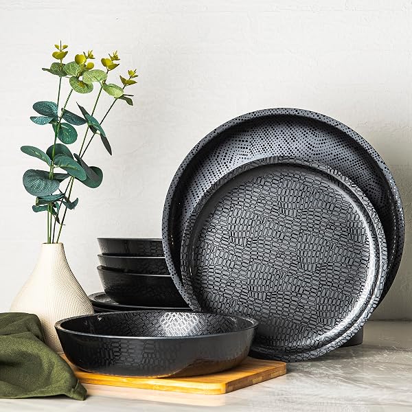 BZYOO 12 PIECE MELAMINE DINNERWARE SET – DURABLE, DISHWASHER SAFE BLACK PLATES AND BOWLS – CASUAL DINING, PARTIES, CAMPING DISH SET MONO BLACK COLLECTION