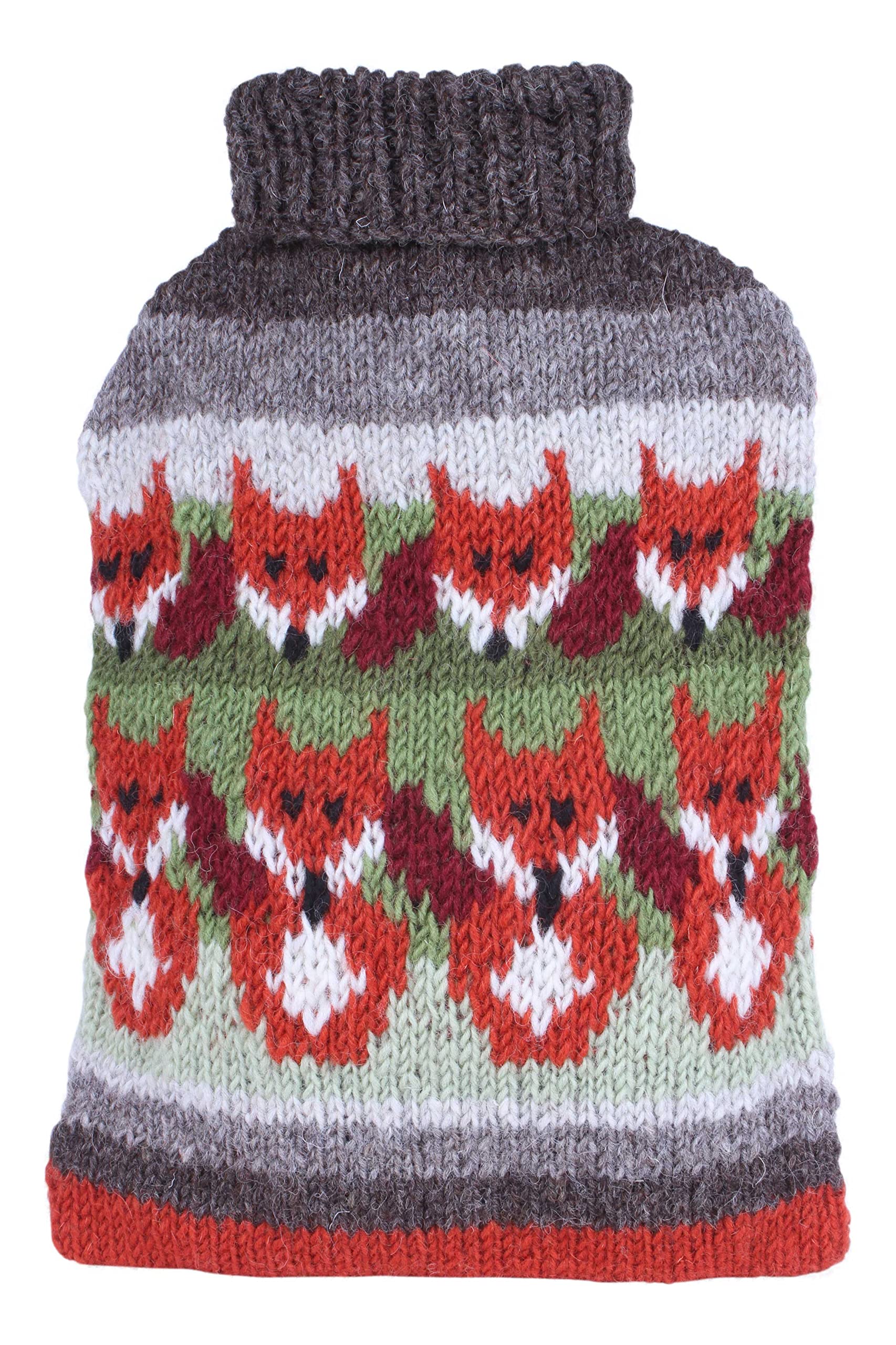 Pachamama Handknitted 100% Wool Hot Water Bottle Cover and 2 Litre Hot Water Bottle - Fox Pattern Handmade Fair Trade Multicoloured Thermal
