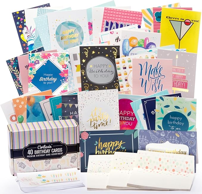 Amazon Com Happy Birthday Cards Bulk Premium Assortment 40 Unique Designs Gold Embellishments Envelopes With Patterns The Ultimate Boxed Set Of Bday Cards Office Products