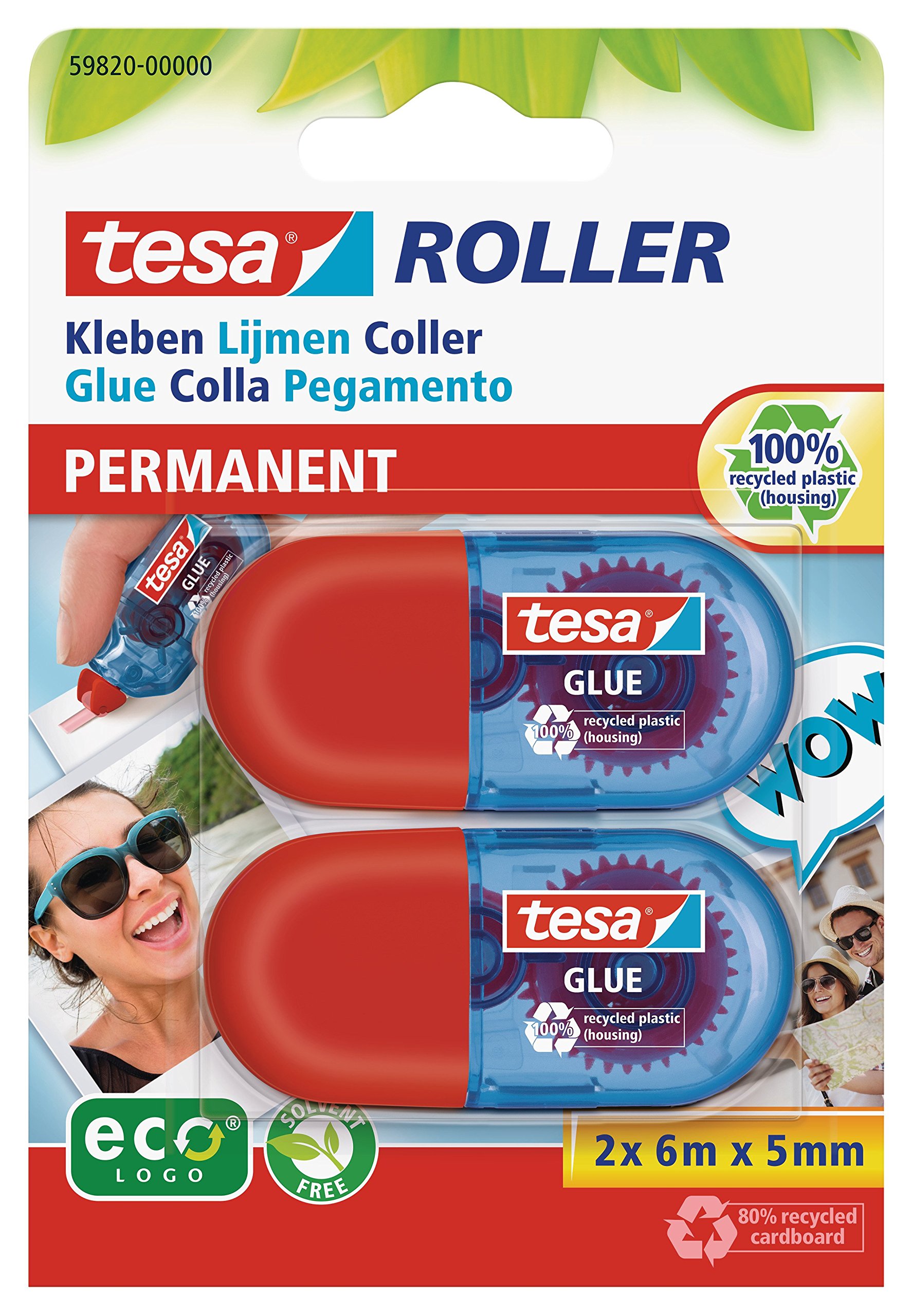 tesa 59820-00000-00 Mini Glue Roller ecoLogo, Permanent Glue for Paper and Card, Pack of 2 Rollers -6 m x 5 mm