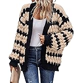 KIRUNDO Womens Cardigan Chunky Fall Fashion Lantern Sleeve Open Front Striped Color Block Cable Knit Winter Sweater Coats