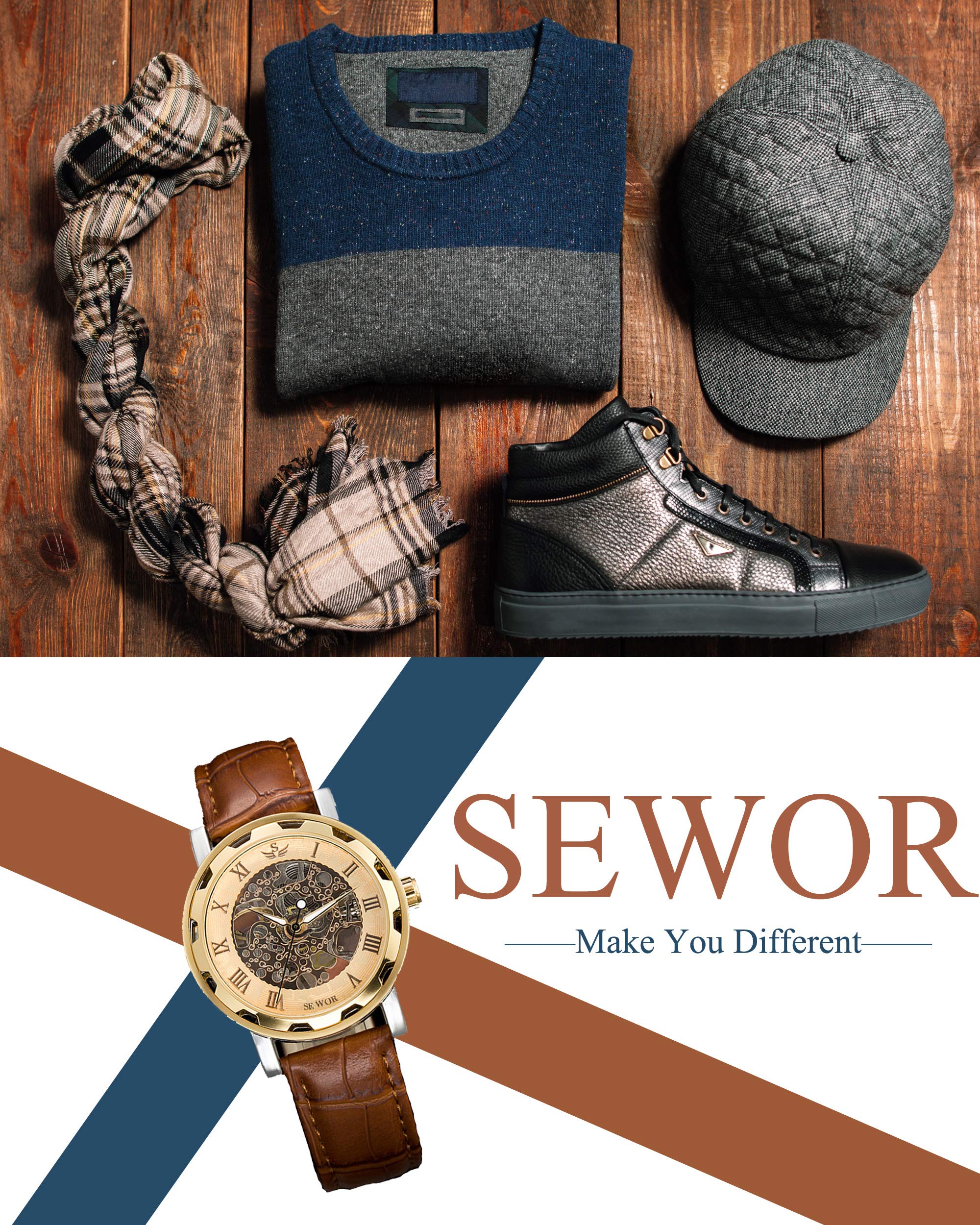 Sewor Men\'s Teampunk Trasparent Skeleton Analog Leather Mechanical Wrist Watch (Gold)