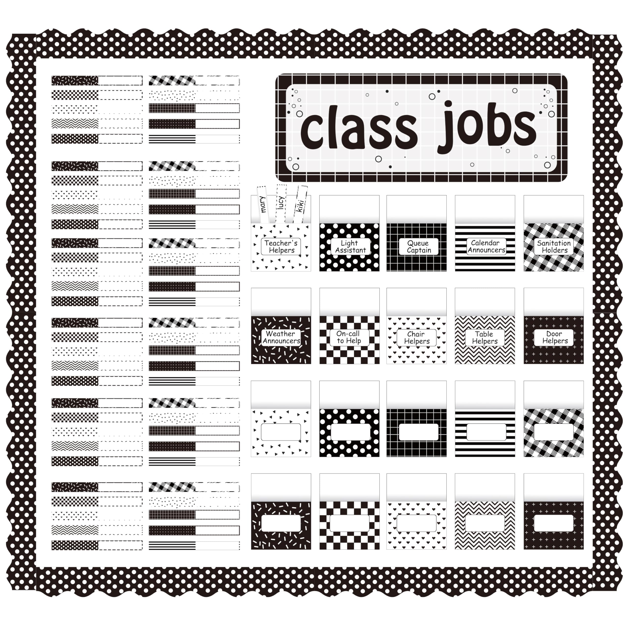 Photo 1 of WATINC 97pcs Class Jobs Bulletin Board Set, Classroom Jobs Chart with Name Tags, Back to School Schedule Boards Pocket Behavior Chart for Classroom Chalkboard Walls Decoration (Black White Stripe)