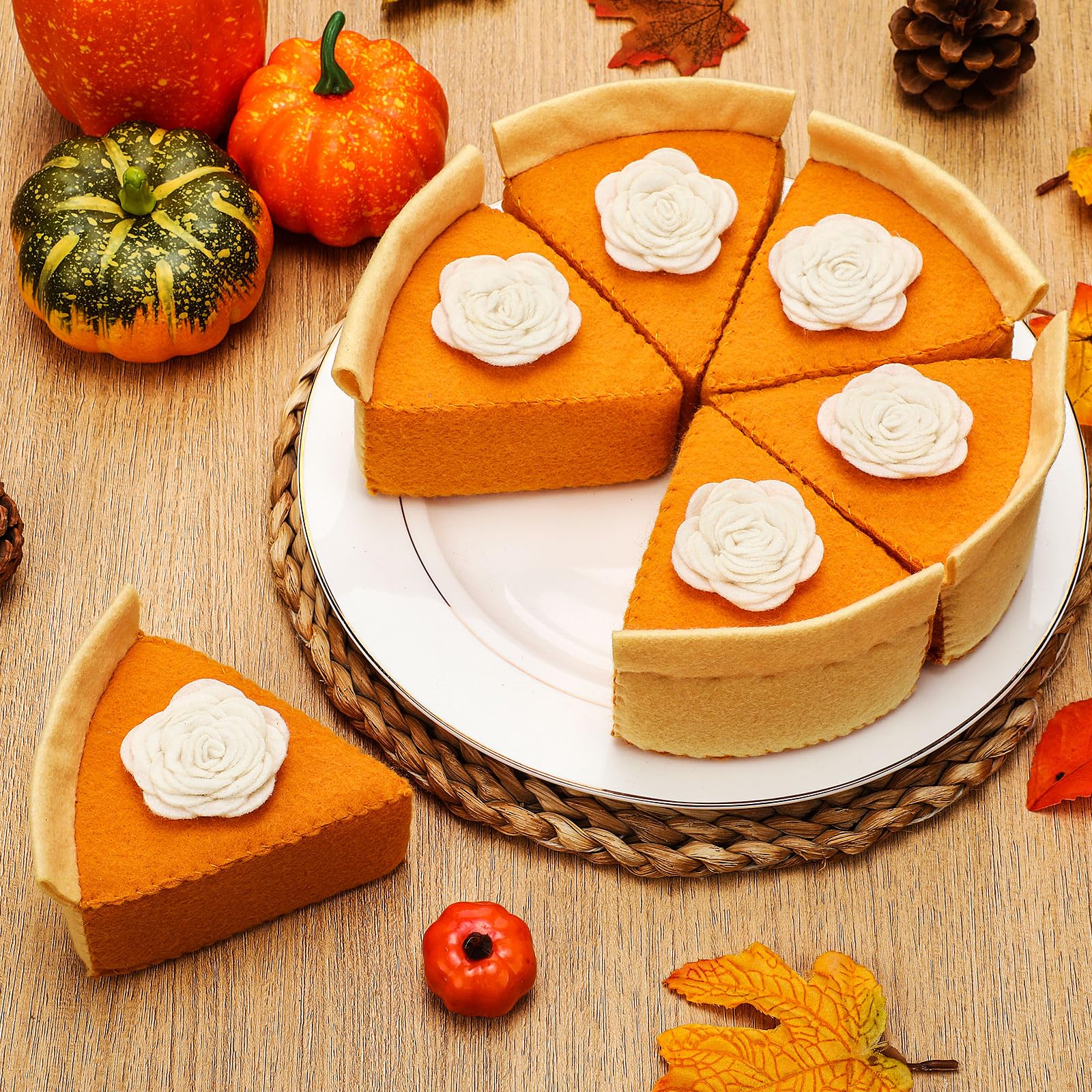 Photo 1 of Hahafelt Fall Thanksgiving Felt Pumpkin Pie Decorations Faux Pumpkin Pie Slice Fall Tabletop Decor Mantel Table Centerpieces for Home Autumn Table Display House Harvest Play Holiday Festive Gift