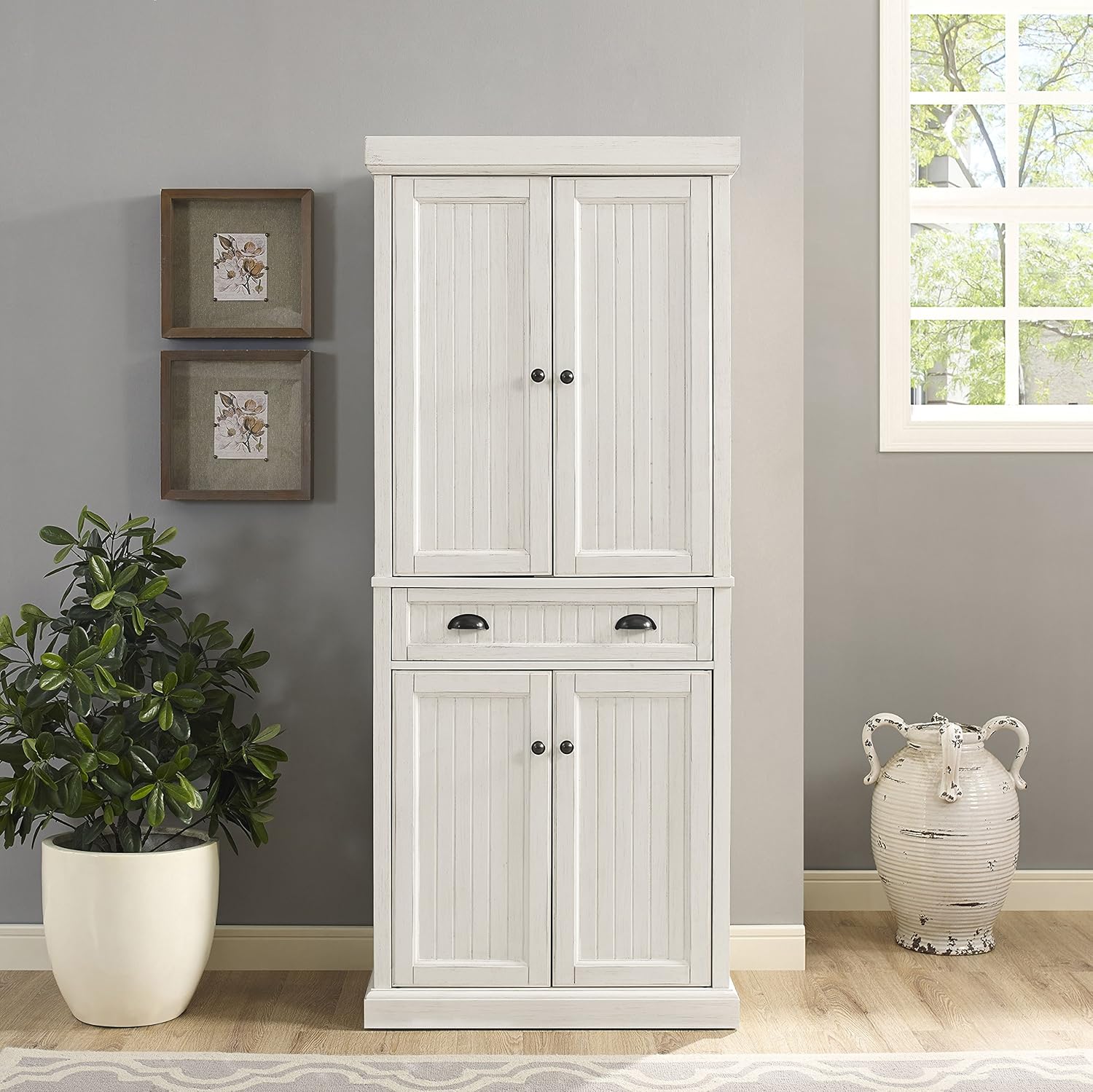 Crosley Furniture Seaside Kitchen Pantry Cabinet - Distressed White: Furniture & Decor