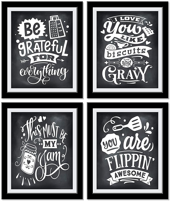 Funny Kitchen Signs, Set of 4 Feel Good Motivational Kitchen Wall Decor, Be Grateful, Flippin Awesome, Love is my Jam Kitchen Art Home Decor, Kitchen Decor | 8 x 10 UnFramed Prints…