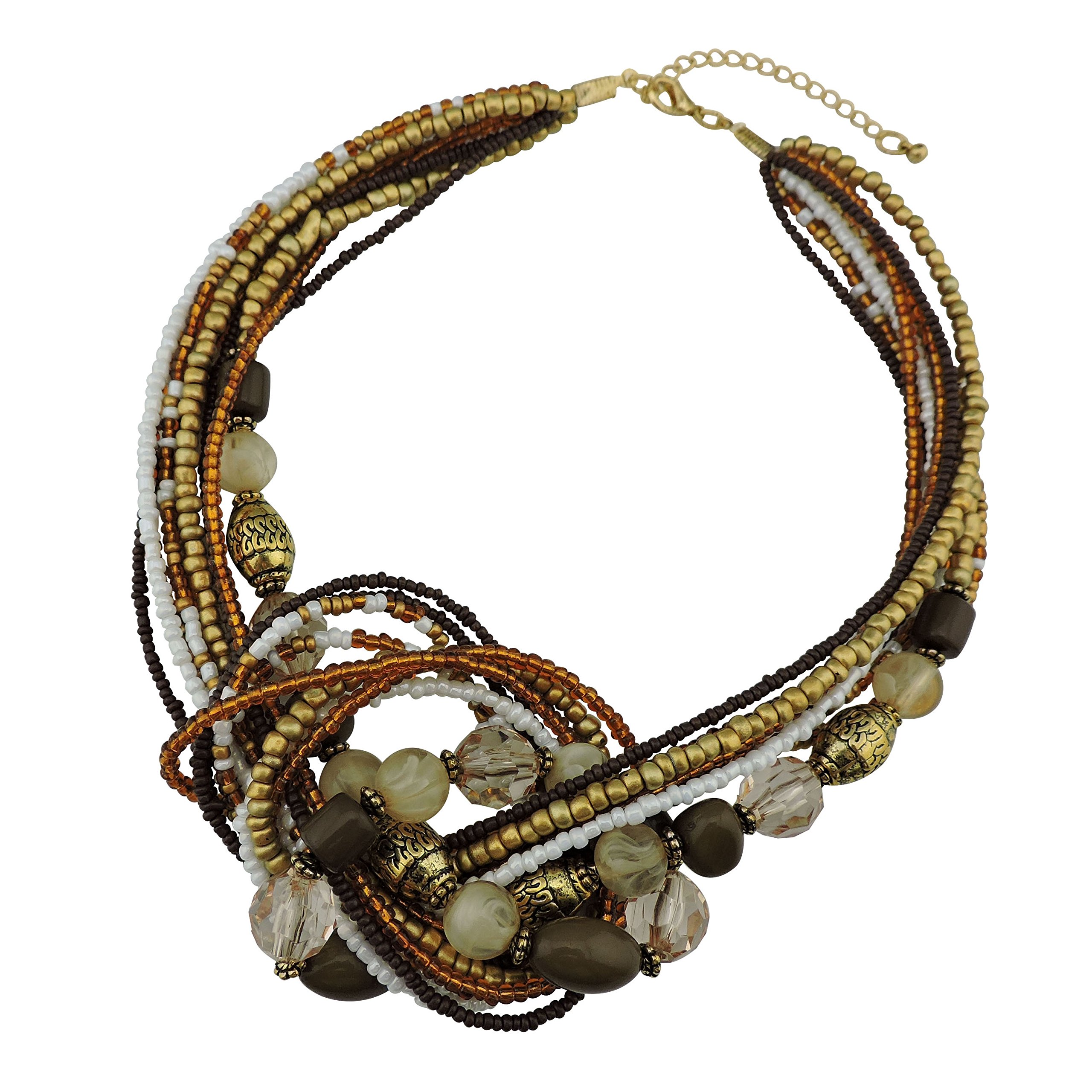 Bocar Aquamarine Seed Beads Antique Gold Multilayer Statement Collar Necklace (NK-10345-Brown)