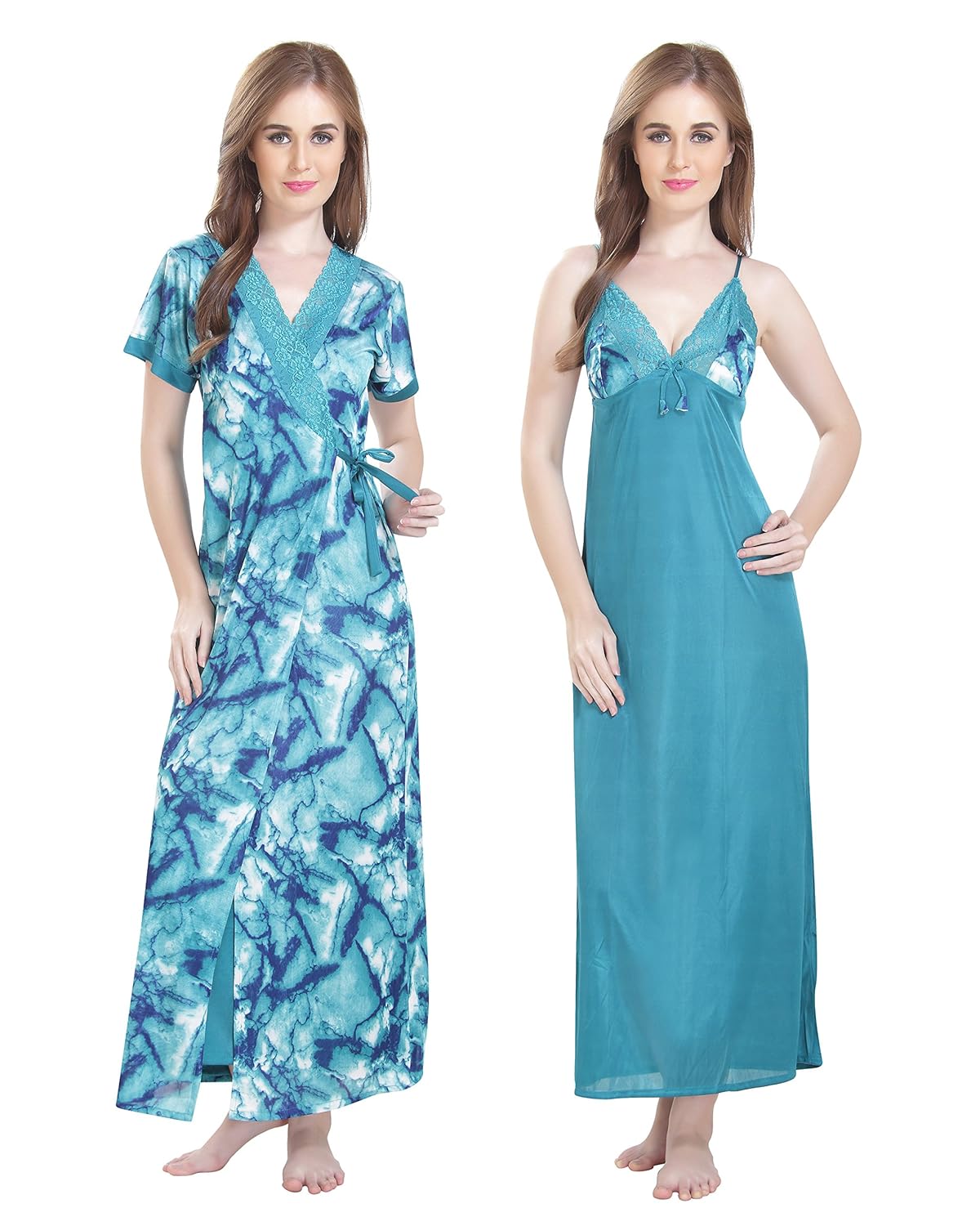 av2 women satin nighty with lace & printed robe 1380