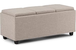 SIMPLIHOME Avalon 42 inch Wide Contemporary Rectangle Storage Ottoman in Natural Linen Look Fabric, Assembled, for the Living Room, Entryway and Family Room