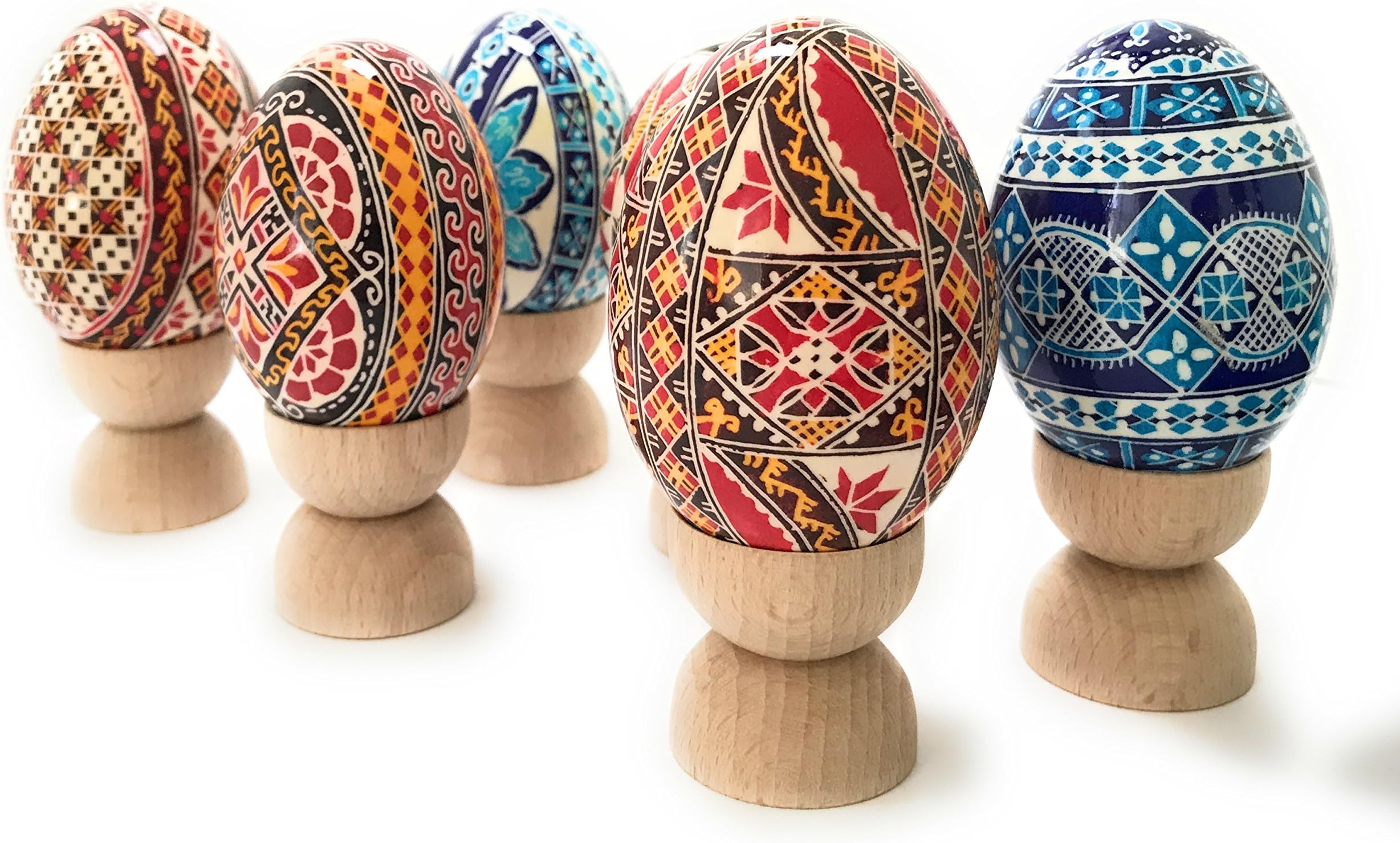 Pack of 2 home ornaments, Decoration Easter Eggs, smooth 2D finish, real duck eggshell, hand painted, beech wood stands included