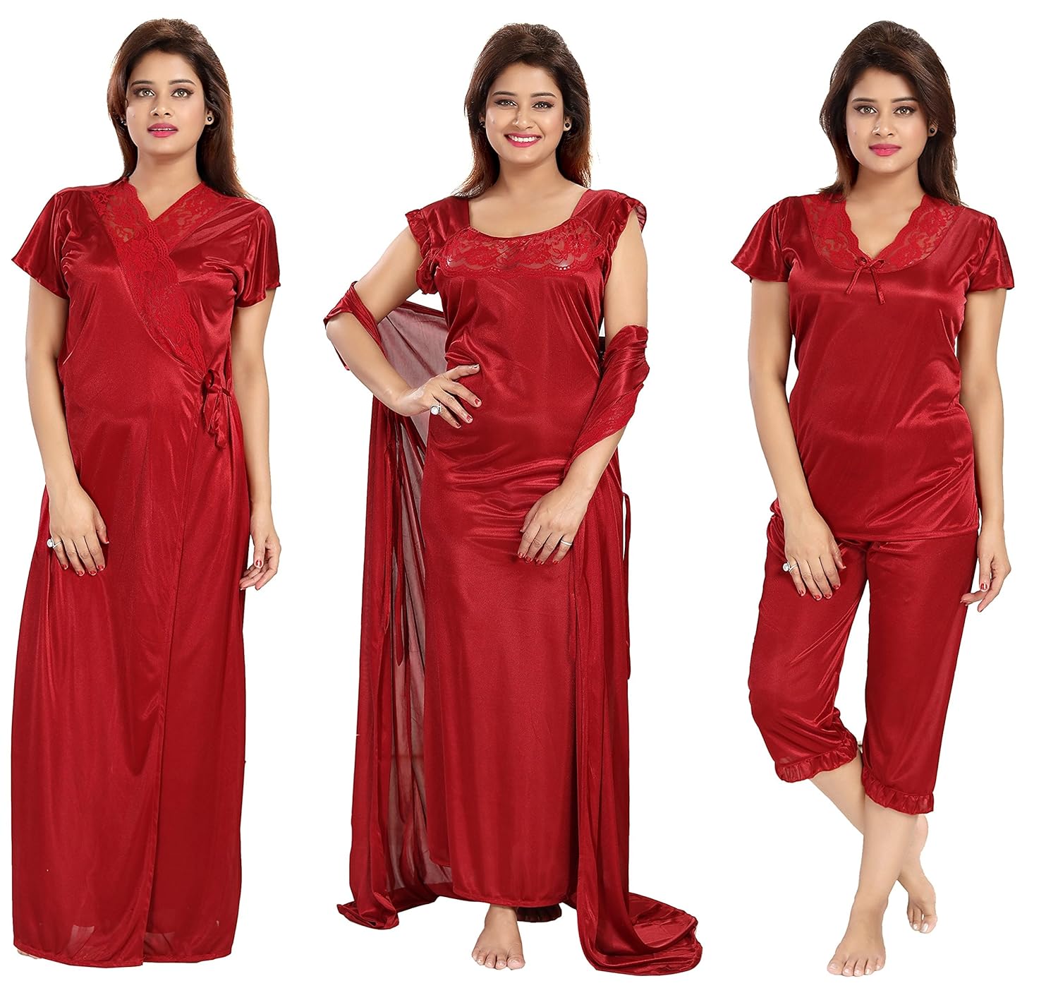noty women's satin nighty - 4 pc set- nighty/robe/top/capri