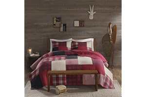 Woolrich Sunset Reversible Quilt Set - Cottage Styling Reversed to Solid Color, All Season Lightweight Coverlet, Cozy Bedding Layer, Matching Shams, Oversized King/Cal King, Plaid Red 3 Piece