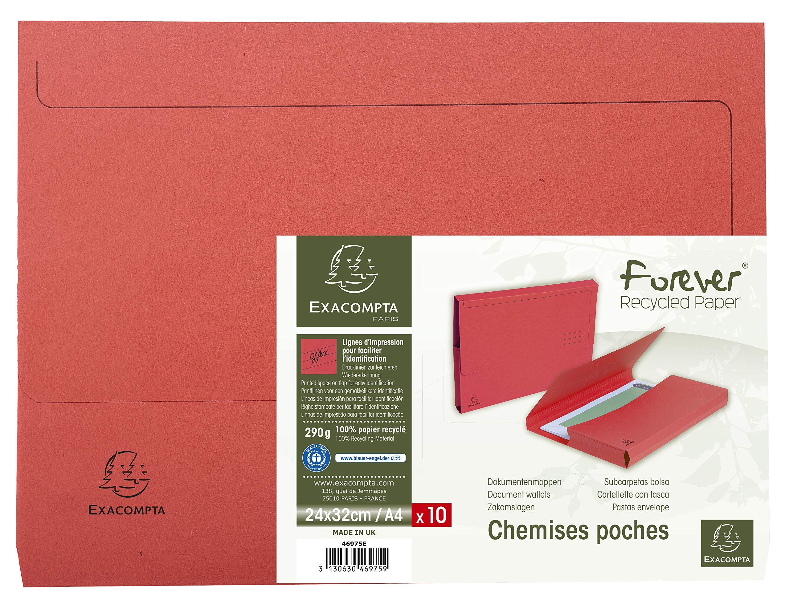 Exacompta - Ref. 46975E - Pack of 10 Forever® 32 mm gusseted pocket folders 290 g/m² - 100% recycled and Blue Angel certified folders - dimensions 24 x 32 cm for A4 format - red color