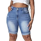 Gocolloa Womens Plus Size Jean Shorts Stretchy High Waisted Ripped Roll Hem Denim Bermuda Shorts 10" Inseam