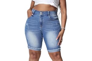 Gocolloa Womens Plus Size Jean Shorts Stretchy High Waisted Ripped Roll Hem Denim Bermuda Shorts 10" Inseam