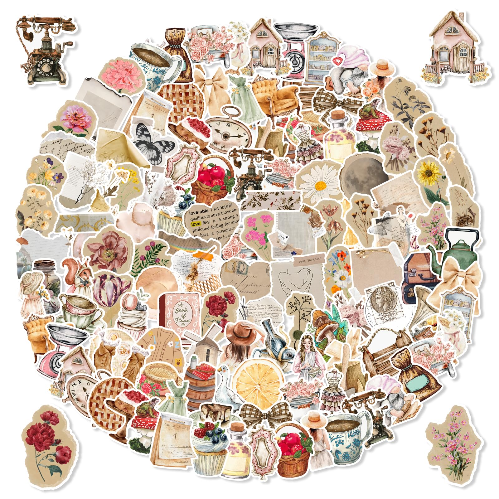 G2PLUS 100PCS Vintage Stickers: Waterproof Vinyl Retro Aesthetic Stickers for Scrapbooking, Journals, Laptop, Water Bottle, DIY Crafts, Decorative Use