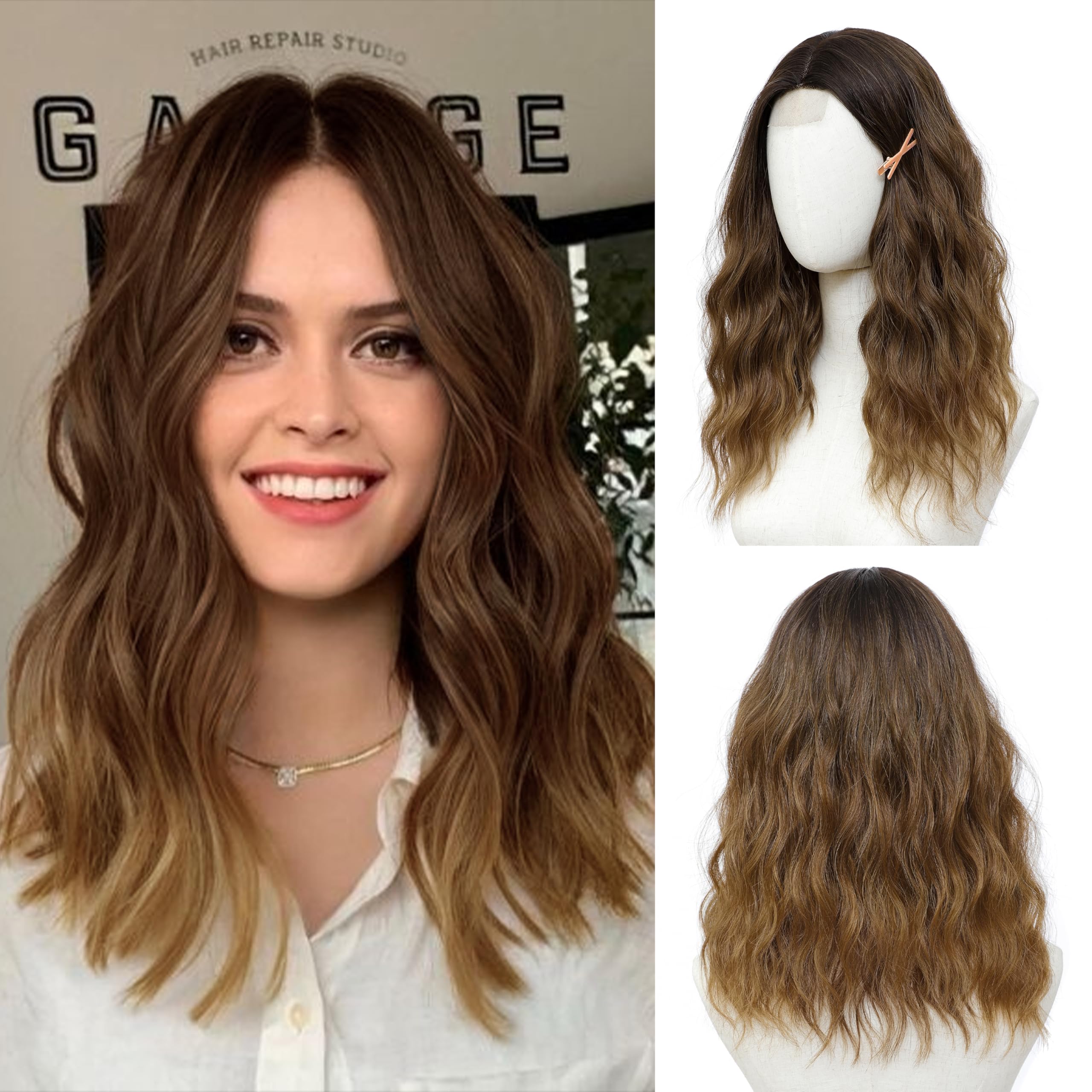 Photo 1 of BUPPLER Light Tan Brown Wig 18 Inch Medium Length Wigs for Women Middle Part Synthetic Hair Wavy Wig 