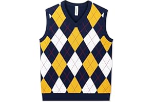 BOBOYOYO Boys Argyle Sweater Vest 100% Cotton V-Neck Vest Kids Uniform Sleeveless Sweaters for Children 5-12Y