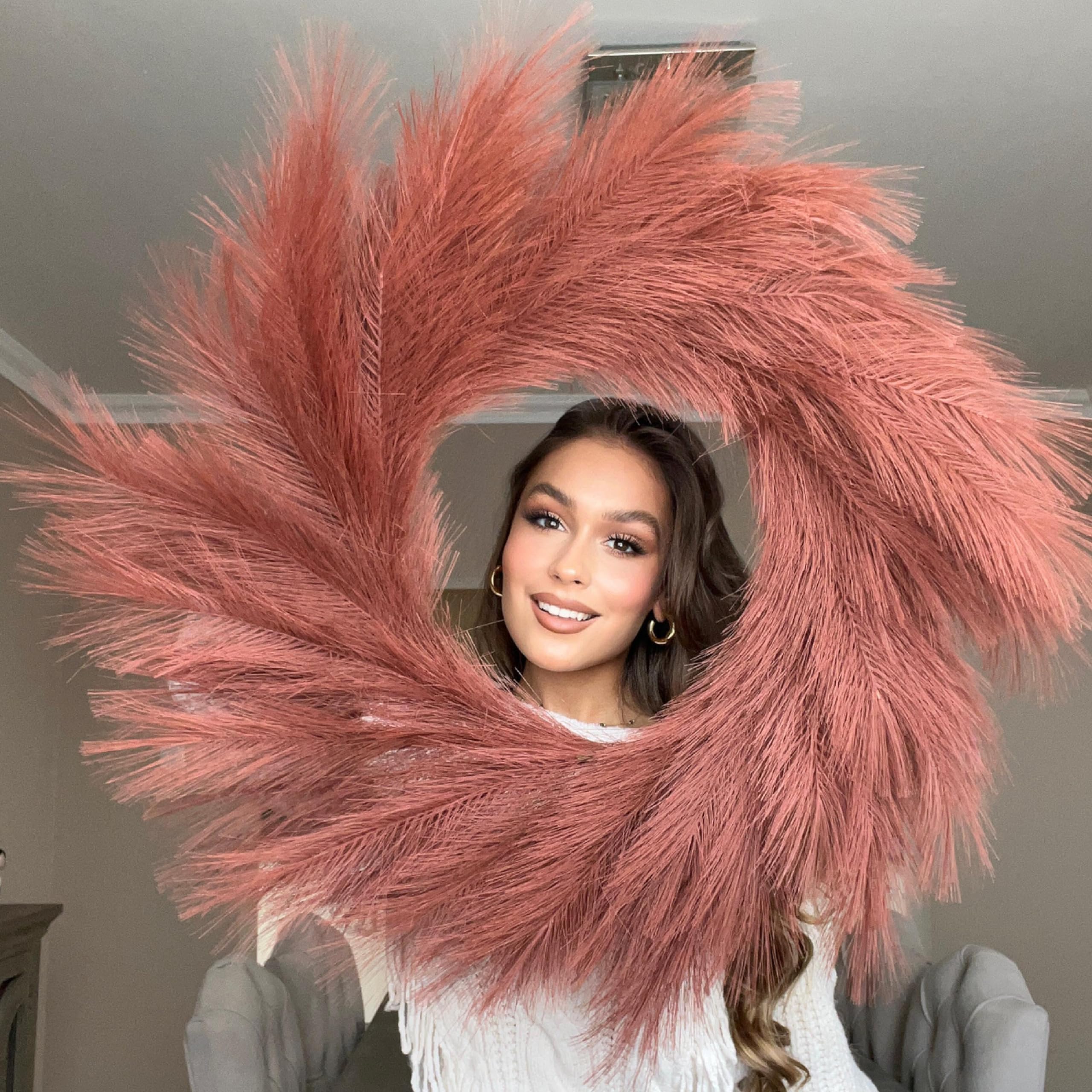 VOULUX Fluffy Artificial Large Faux Pampas Grass Wreath 27" Burnt Orange Rusty Modern Feather Boho Wreath Indoor Wreaths Farmhouse Wreath Wall Decor Baby Sea Grass Rustic Winter Wreaths For Front Door