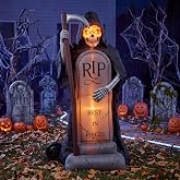 Simgoing 6ft Halloween Inflatable Grim Reaper Tombstone Outdoor Decorations | Rest in Pieces Grim Reaper Tombstone Inflatable Outdoor Decoration Built-in LED Lights for Yard, Garden, Lawn Decorations