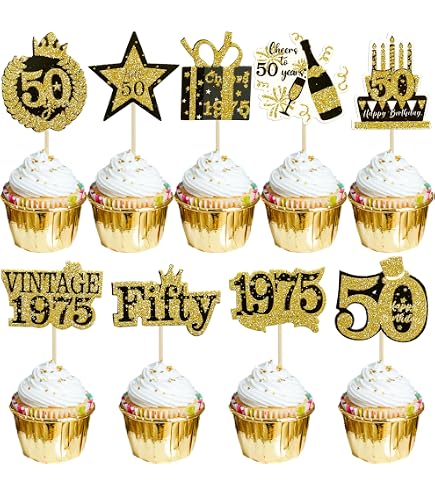 Set De 36 Toppers Para Cupcakes 50 Años - Decoración Vintage 1975, Fiesta Cumpleaños O Aniversario