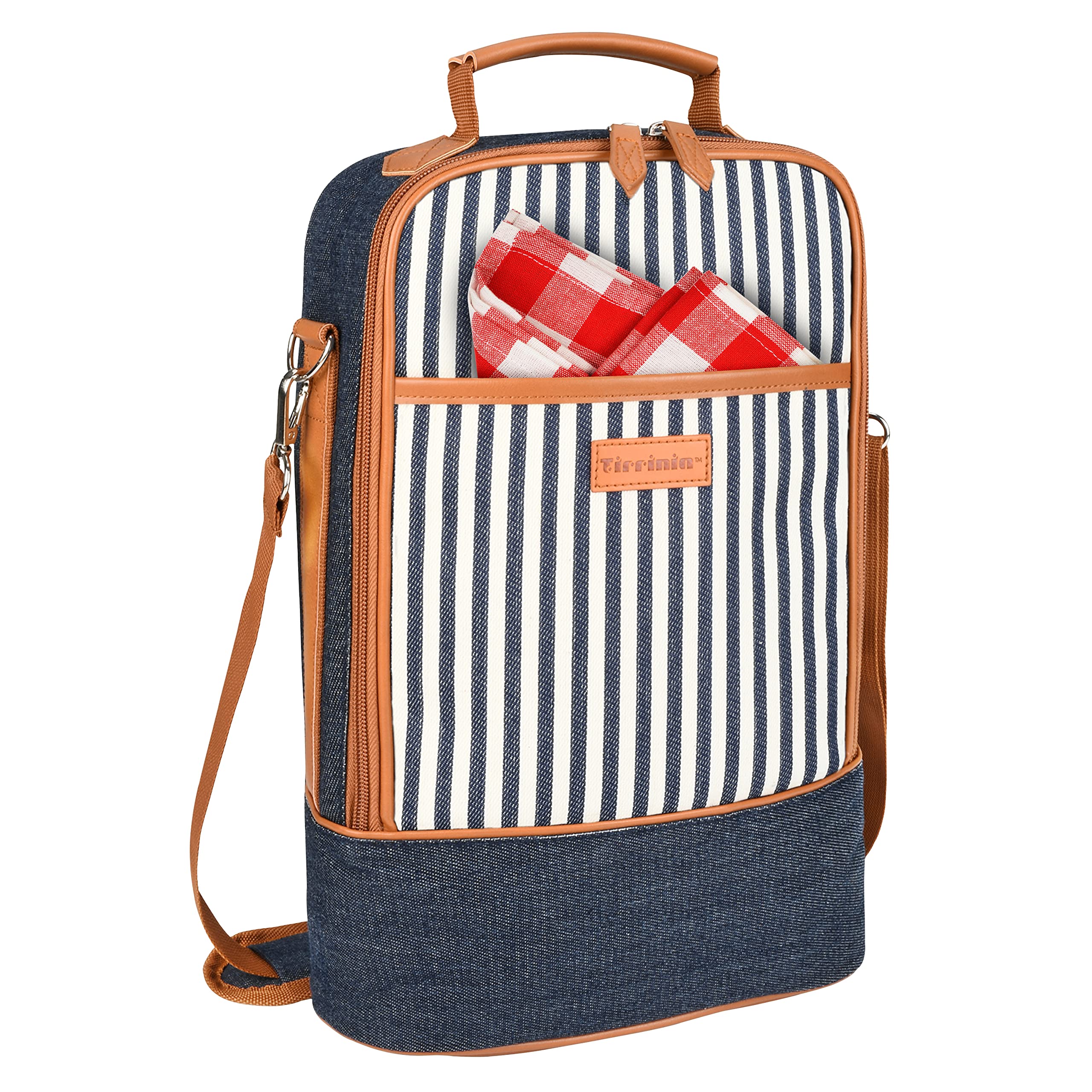 Kato Tirrinia Insulated 2 Bottle Wine Cooler Bag - Wine Cooler Tote Carrier for Picnic, Beach, Wine Lover Gift, Denim Stripe