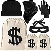 YAROMO 7 Pieces Robber Costume Set, Include Canvas Dollar Sign Money Bags Bandit Eye Mask Knit Beanie Cap for Halloween Cosplay Burglar Theme Party
