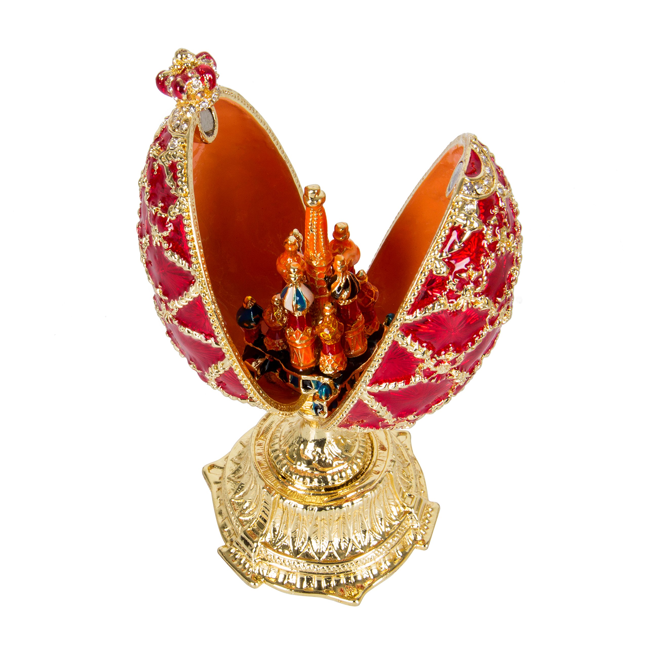 QIFU Hand Painted Enameled Red Easter Egg Style Decorative Hinged Jewelry Trinket Box Unique Gift for Family