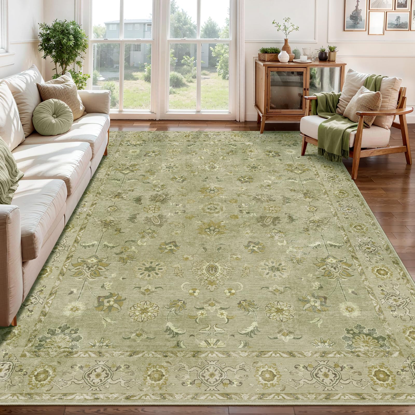 Tangsoo 5x7 Area Rug Washable Rugs for Living Room, Floral Vintage Indoor Non Slip Large Area Rugs, Print Distressed Green Carpet, Soft Low Pile Foldable Floor Rug for Bedroom Dining Room Dorm Image