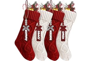 NACKIY 4Pack Personalized Christmas Stockings with Wooden Name Tags, 18 inches Xmas Cable Knitted Stocking for Holiday, Hanging Decoration Gifts for Family Party(White&Red)
