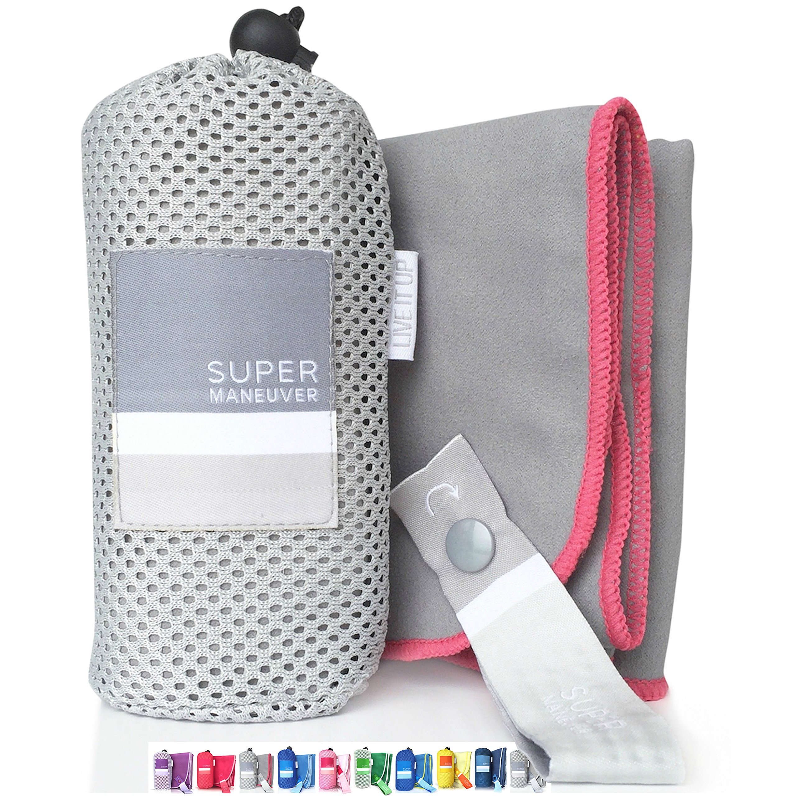 Super Towel for Sports, Travel & Beach — Lightweight, Compact, Absorbent, Quick-Dry, Soft Microfiber Suede — For Hiking, Gym, Beach, Yoga, Swimming, and Adventures (Gray+Pink, M (40x20"))