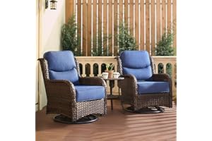 HILLGA Luxury Patio Furniture Set with 6-inch Thick Cushion, Outdoor High Back Swivel Rocker Patio Chairs, 3PCS Wicker Conversation Set for Deck Yard and Poolside, Blue (V2)