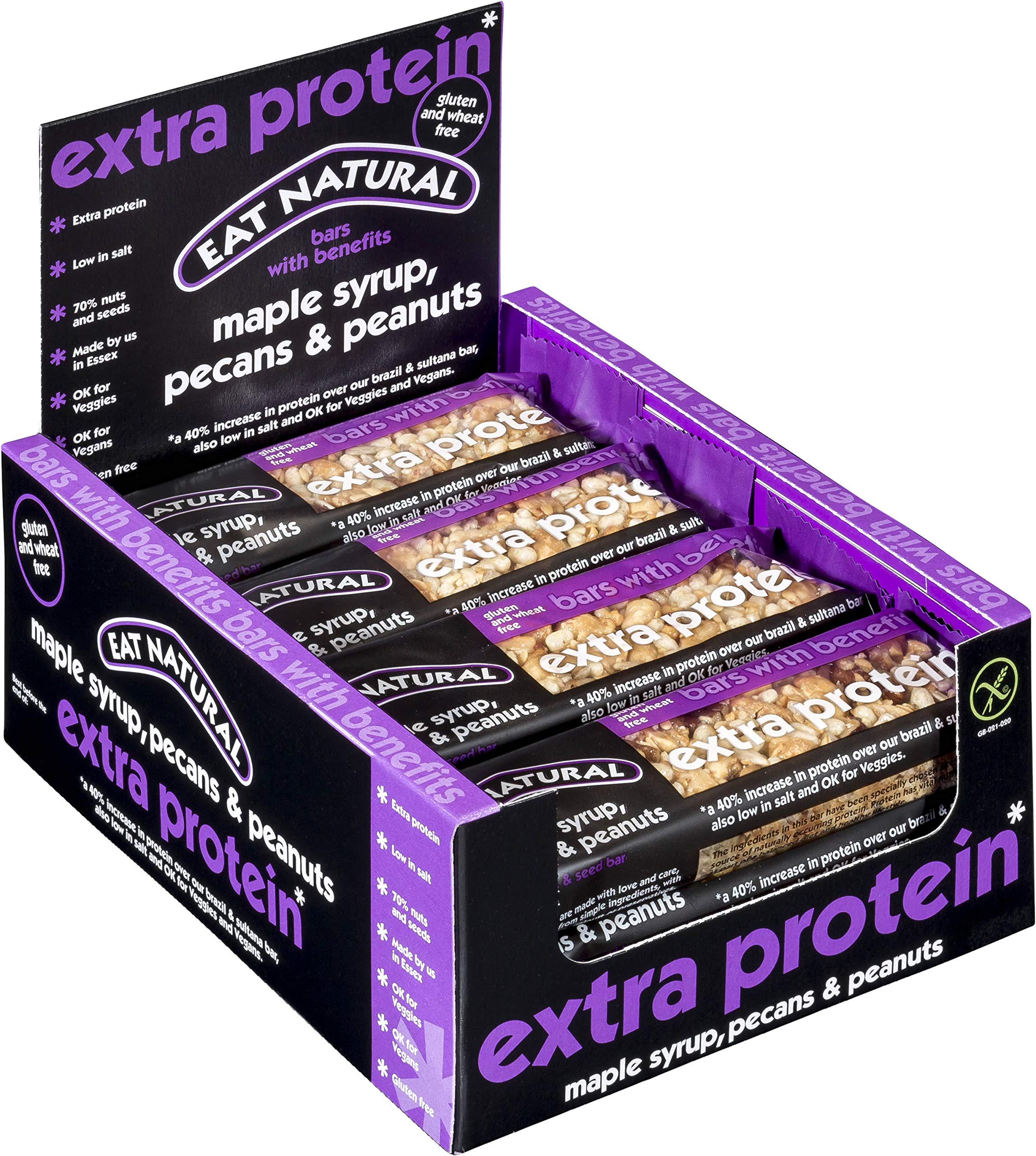 Eat Natural Protein Bars, Maple Syrup, Pecans, Peanuts Extra Protein Snack Bars 45 g, pack of 12