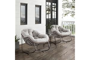 SLEERWAY Large Indoor Outdoor Rocking Chair, Oversized Rocking Papasan Chair with Thick Cushion and Frame Outdoor Rocker, Comfy Wicker Egg Chairs Lounge for Outside Porch Patio Backyard (Beige, Set of 2)
