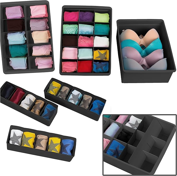 Uncluttered Designs Organizadores de Cajones Ajustables Plástico Duradero Apilable para Ropa Interior Manualidades Oficina Baño y Almacenamiento (Negro, 6 Piezas)