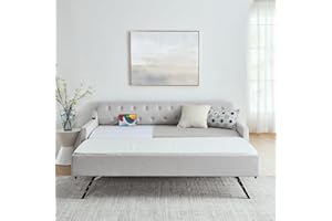 LUSPAZ Twin Size Upholstery Daybed with Trundle and USB Charging Design, Twin to King Design Mid-Century Extendable Sofa Bed, Easy Assembly, No Box Spring Required, for Living Room and Bedroom, Beige