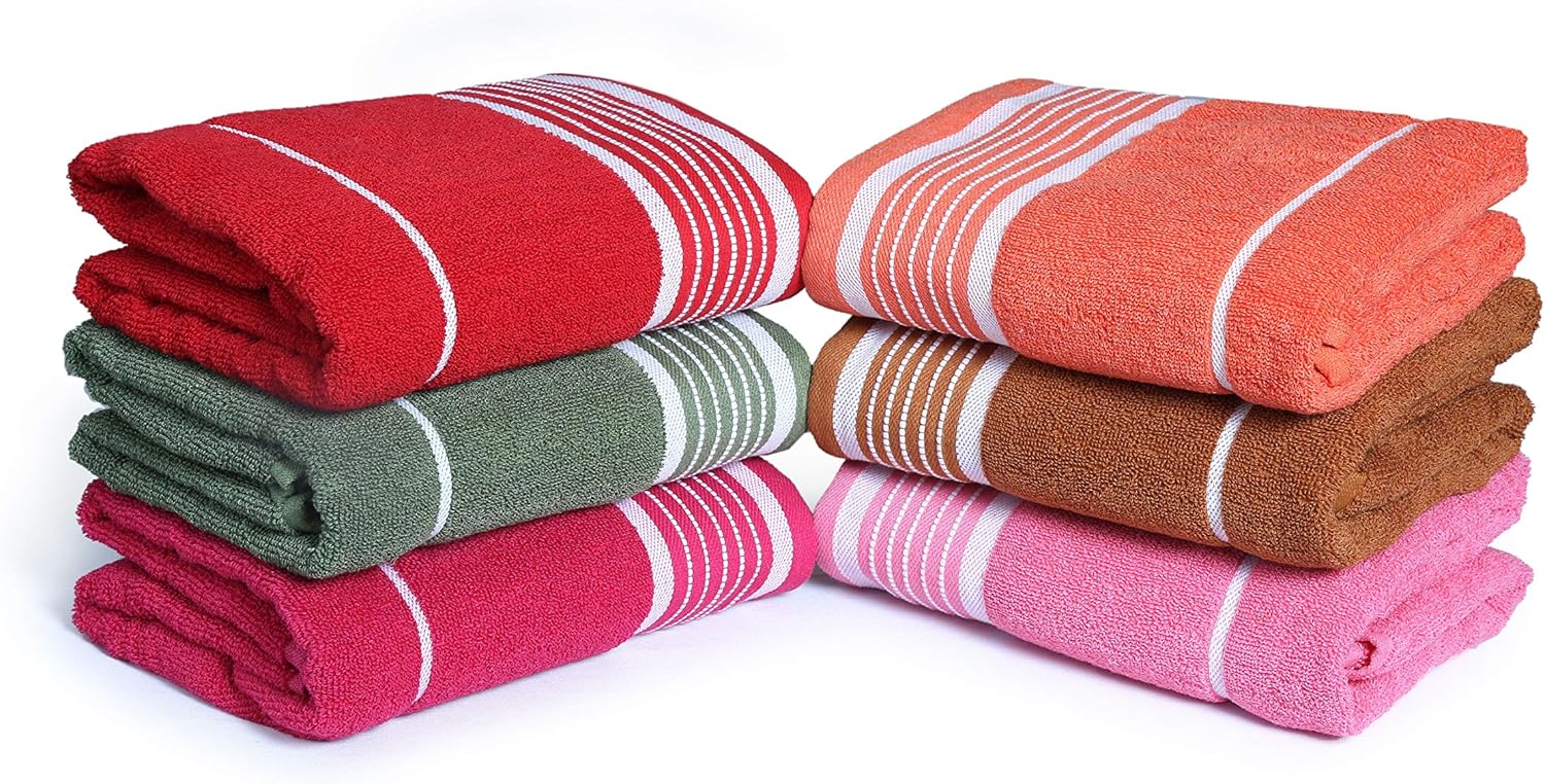 100% Cotton Bath Towels, Set of 6, Three-Line-Extra-Absorbent-Cotton, Size (27 X 54), Random Color: Kitchen & Dining