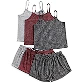 COULUKE 3 Sets for Women Ribbed Pajamas Set Crop Cami Top and Tie Front Shorts Lounge Set Sleeveless Button Pjs Sleepwear