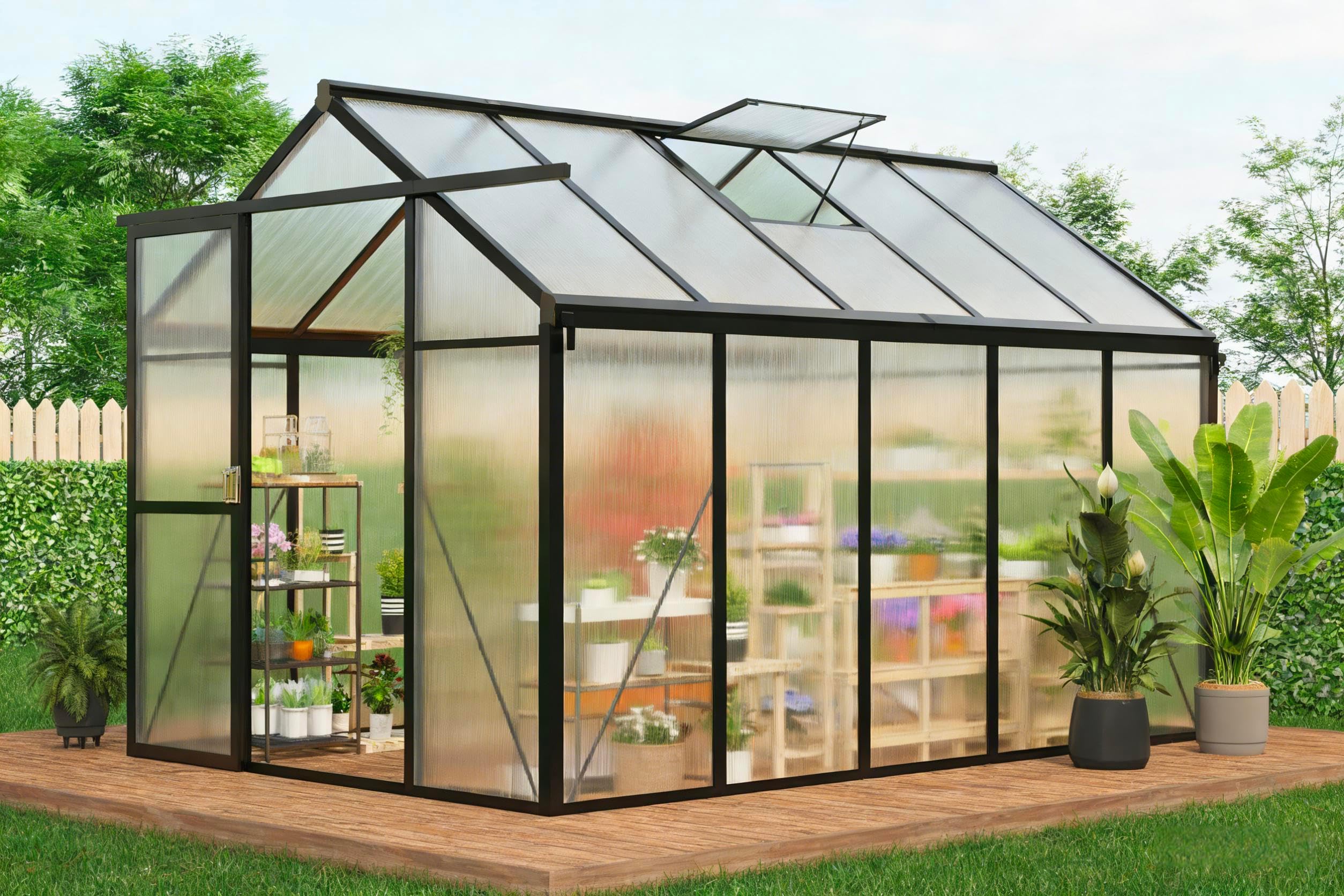 Photo 1 of *** missing parts/ no return **** 6x10 FT Greenhouse for Outdoors, Polycarbonate Greenhouse with Roof Vent, Ground Nails, Lockable Push Door, Aluminum Large Walk-in Green House for Outside Garden Backyard, Patio, Lawn, Black