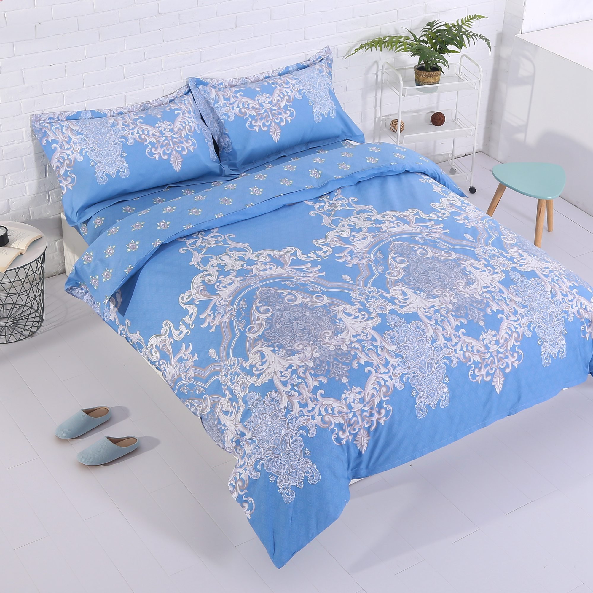 3-Piece Duvet Cover Set, Bohemian Style 100% Cotton Blue Floral Pattern Bedding Quilt Set (90\