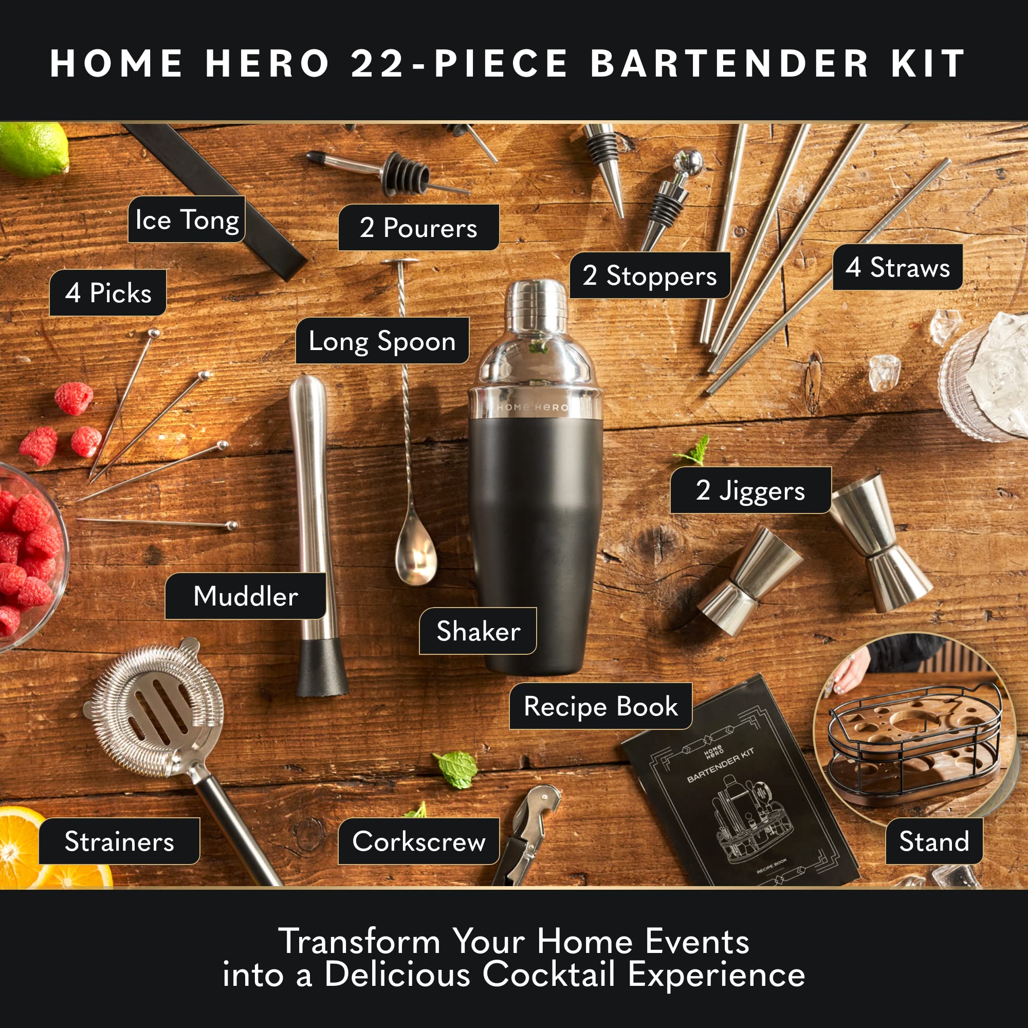 Home Hero Elegant 22-Piece Bartender Kit with Wooden Stand, Premium Bar Set & Cocktail Shaker, Gift for Home Bar and Cocktail Enthusiasts, Essential Bar Accessories with Recipe Book (22 Pcs - Silver) - Image 2