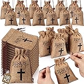 Wesnoy 100 Pcs Jesus Loves You Gift Bags with Drawstring Bulk 4 x 6 Inch Christian Burlap Jute Gift Bags Small Religious Goody Cross Jewelry Pouches for Easter Church Baptism Party Favor