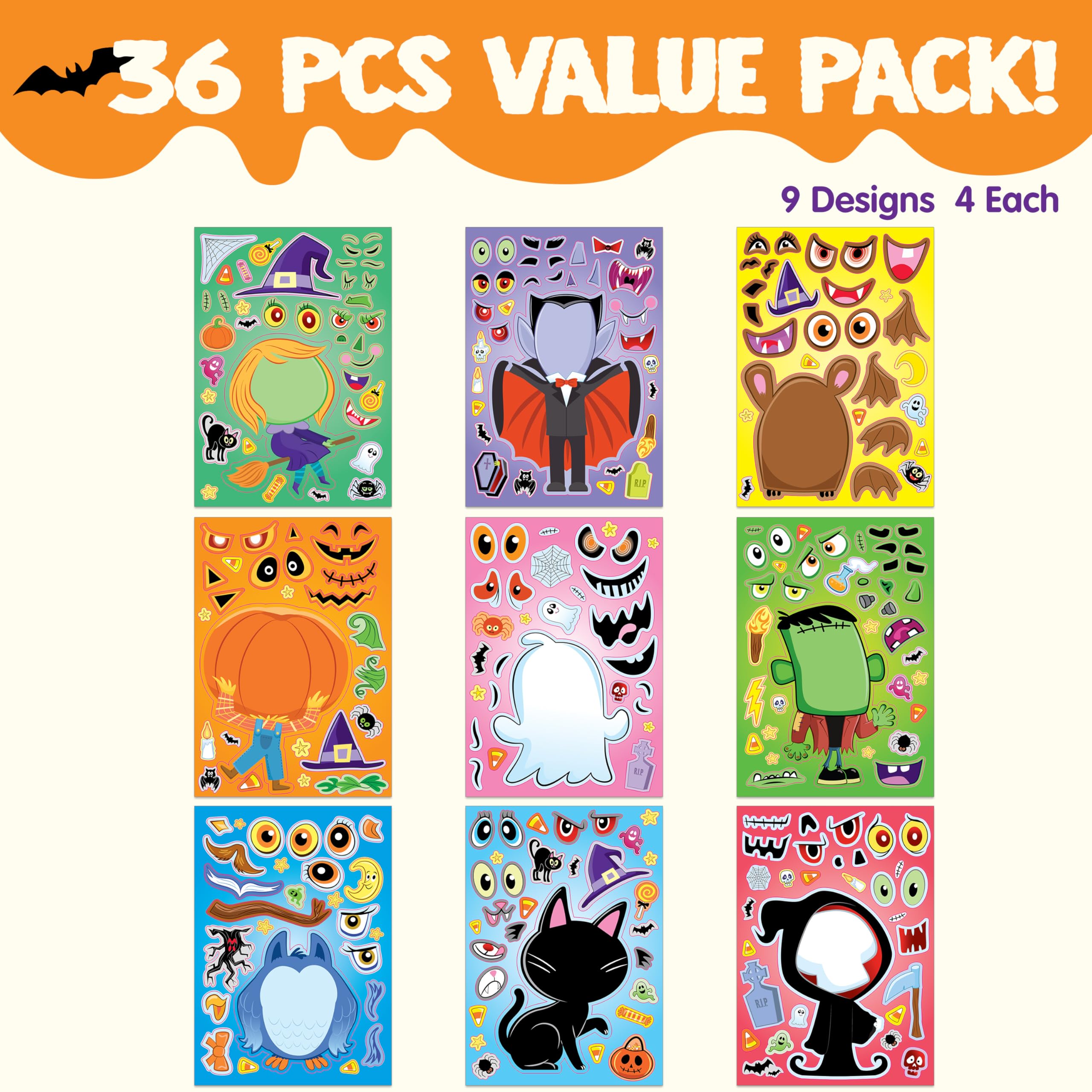 JOYIN 36 Pcs Halloween Make a Face Stickers for Kids, Crafts Party Supplies, Halloween Party Favor, Funny Stickers with 9 Designs, Classroom Art Activities Games Goodies Treats