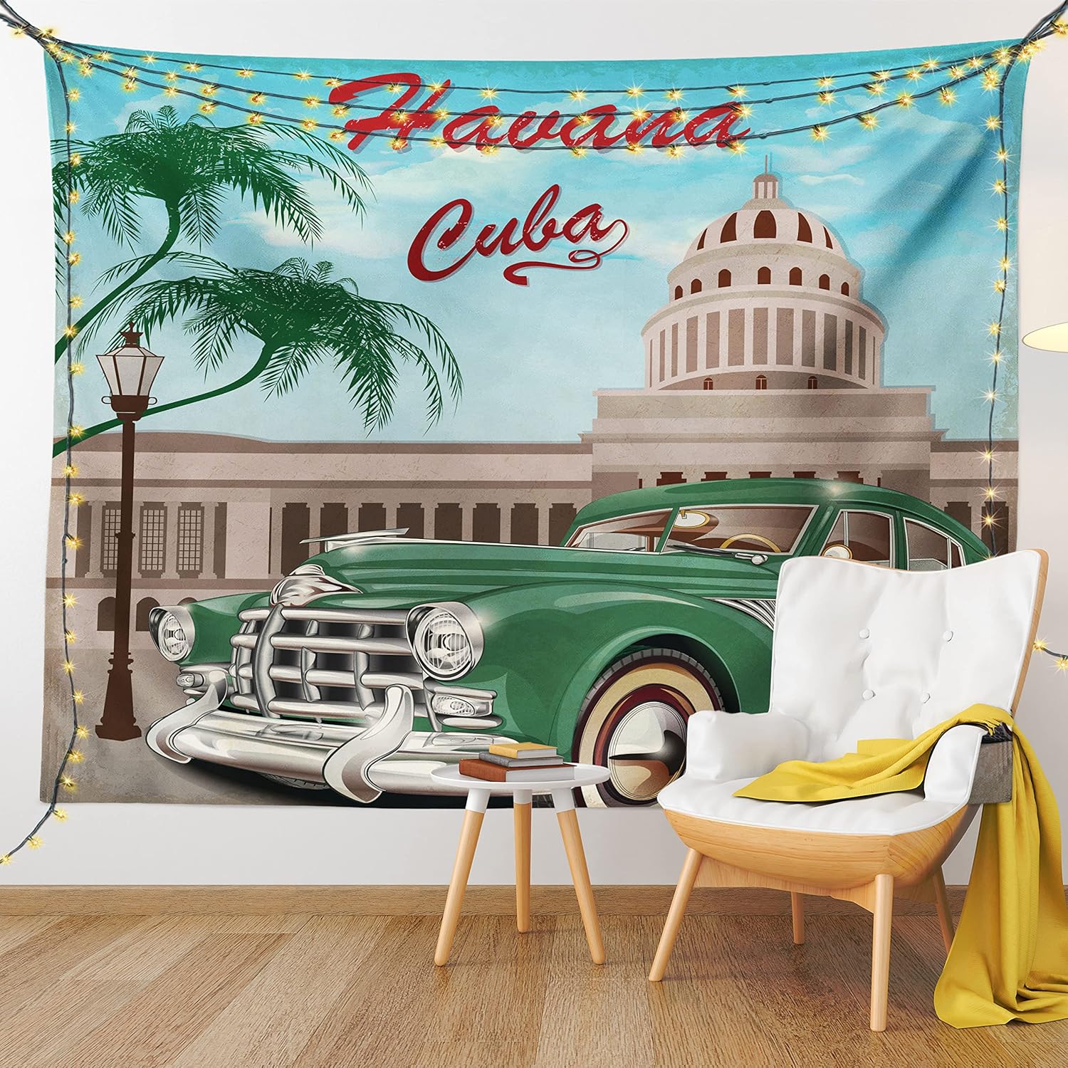 Tapestries - Lunarable Havana Tapestry, Retro Design of El Capitolio with Nostalgic Car Under Palm Tree, Fabric Wall Hanging Decor for Bedroom Living Room Dorm, 28