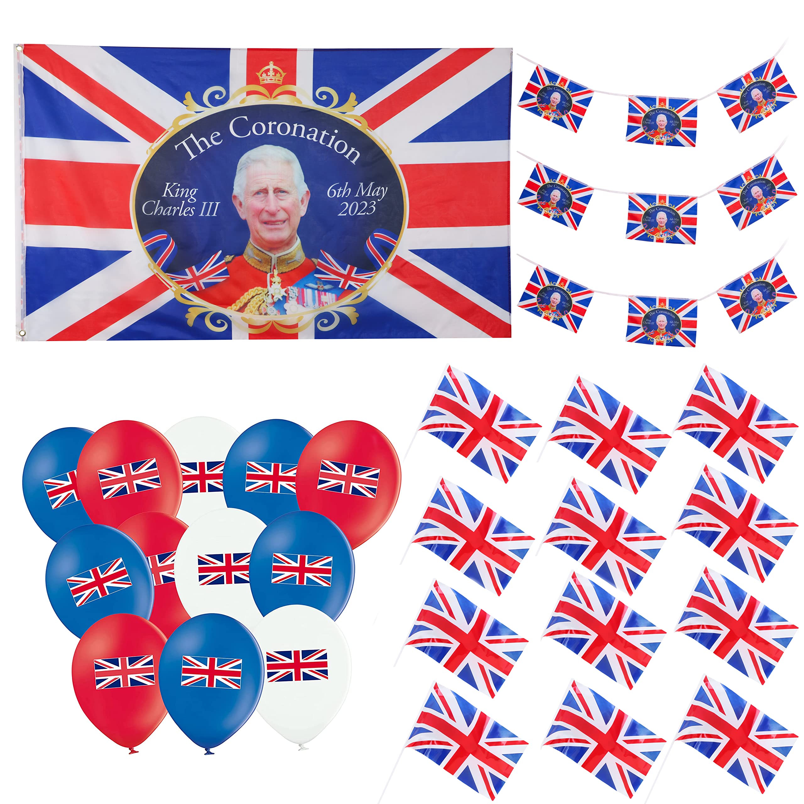 Toyland® King Charles III Coronation Party Bundle - 5ft x 3ft Souvenir Flag , 12 Hand Flags, 6m Souvenir Bunting & 30 Union Jack Balloons - British Decorations