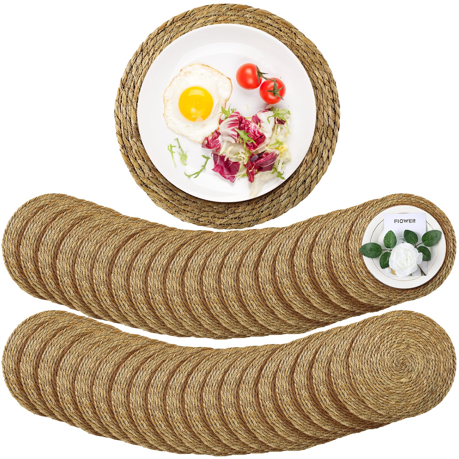Photo 1 of Colingmill Round Woven Rattan Placemats, 13 Inch Rattan Placemats Natural Straw Hand Woven Farmhouse Round Place Mats for Dining Table Home Christmas Halloween Wedding Baby Shower Dinner(40 Pcs)