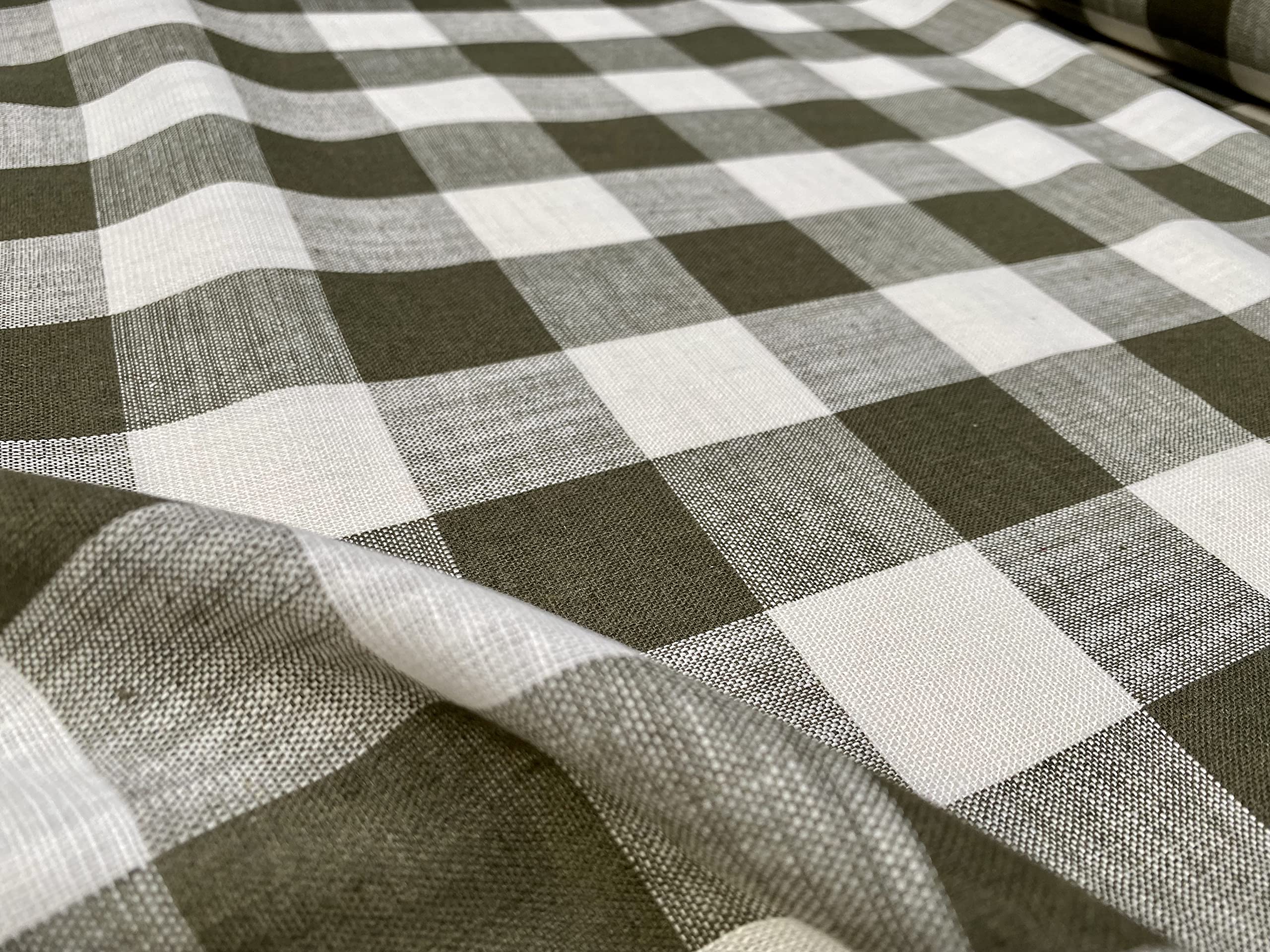 Gingham Linen Checked Fabric Check Material Buffalo Plaid - Dressmaking, Curtains, Home Furnishing - 140cm Wide (Khaki & White, 2 METRES)